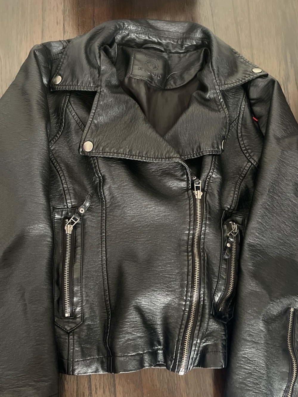 Max Studio Black Faux Leather Moto Jacket with Silver Hardware